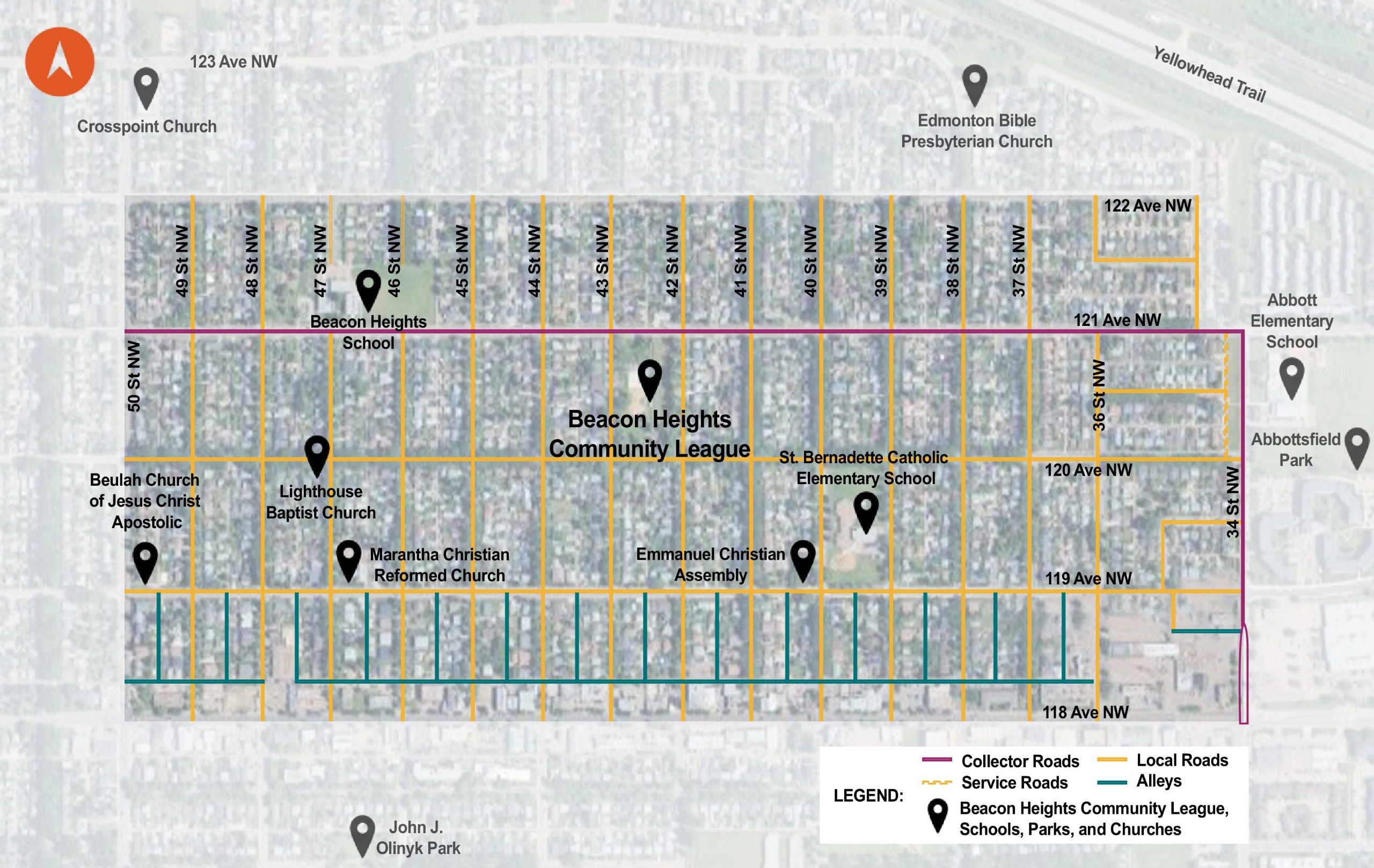 A map of the Beacon Heights neighborhood in Edmonton showing the street grid roughly between 50 St NW and 34 St NW. The map uses color-coded lines to distinguish between collector, local, and service roads. Labeled map pins identify key community locations, including schools, churches, parks, and the Beacon Heights Community League.