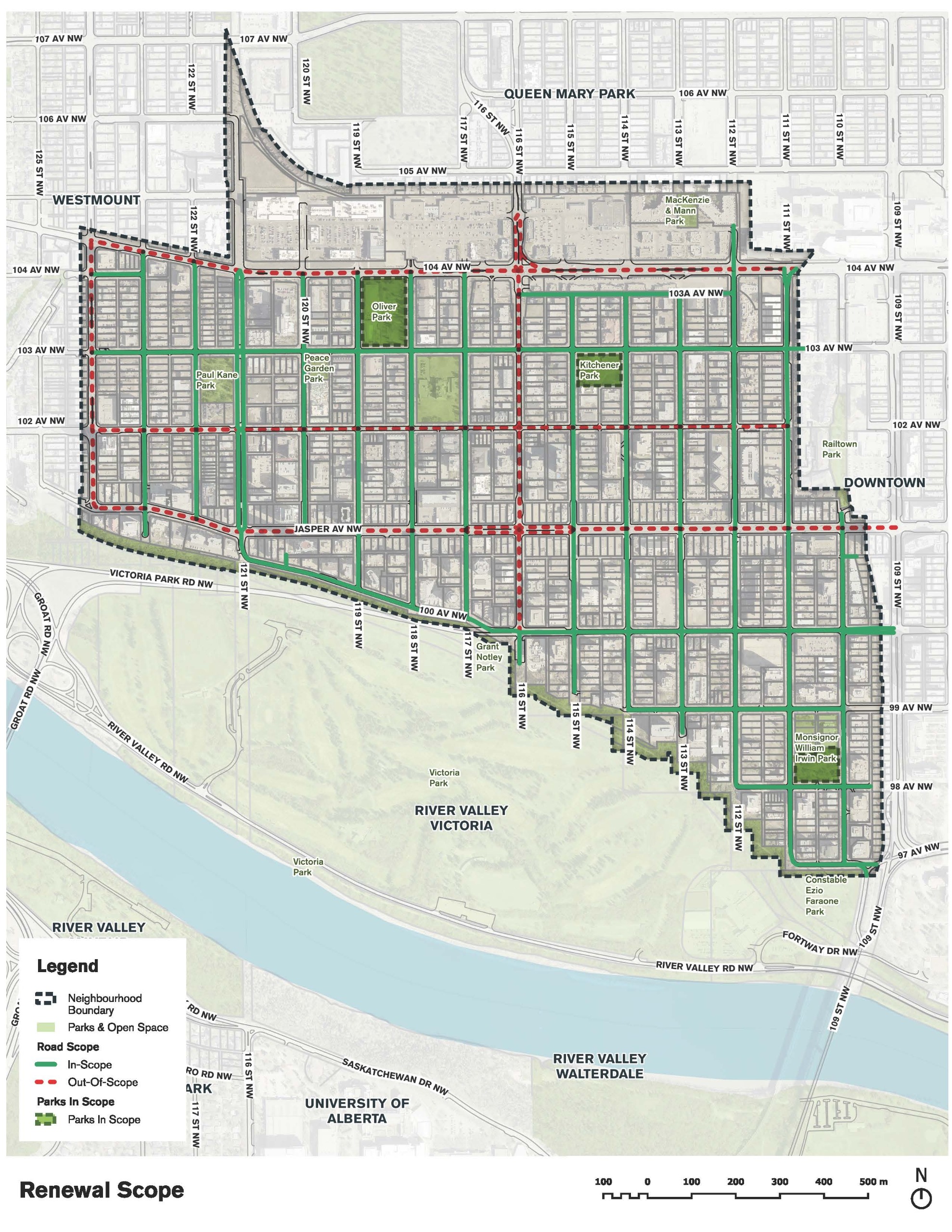 Map showing the Wîhkwêntôwin neighbourhood renewal scope, with neighbourhood boundaries outlined. Streets included in the renewal are highlighted in green, while streets outside the scope are shown in red dashed lines. Parks and open spaces are marked in light green, with key roads, avenues, and adjacent neighbourhoods labelled for context.
