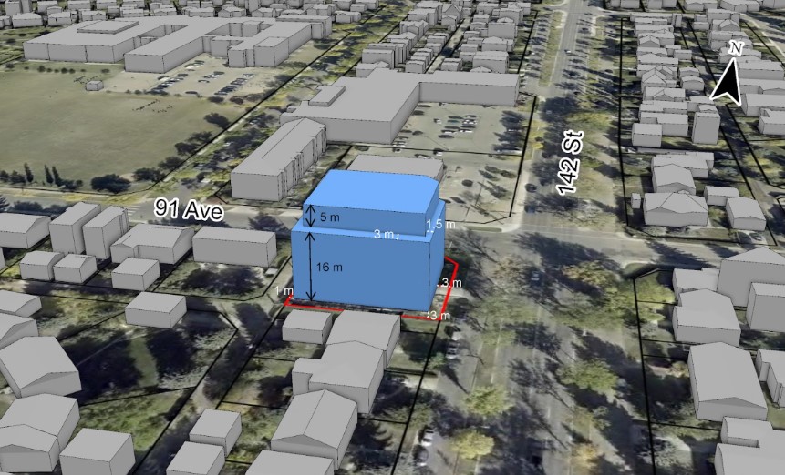 3D image showing the potential maximum building size under the Mixed Use Zone if maximum setbacks are used. 