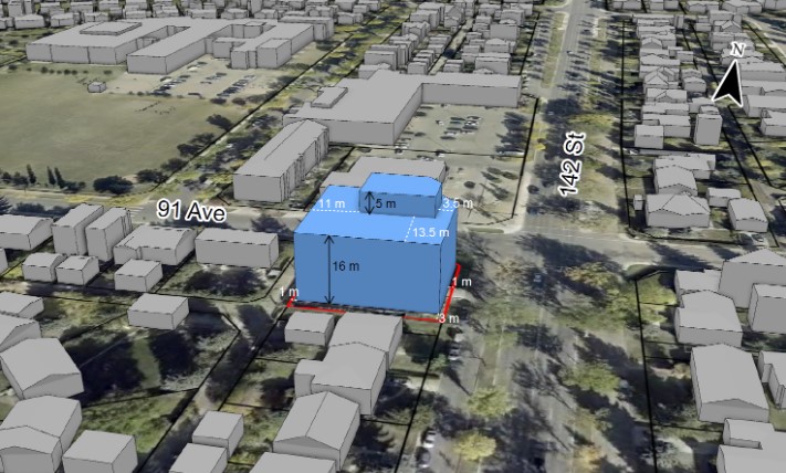 3D image showing maximum building size under the Mixed Use Zone if minimum setbacks are used