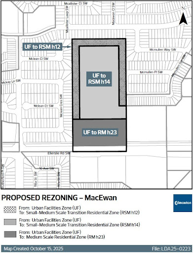 The City has received a revised rezoning application from Stantec Consulting Ltd. The current zone is the Urban Facilities Zone (UF) and the proposed zones are the Medium Scale Residential Zone (RM h23); the Small-Medium Scale Residential Transition Zone (RSM h14); and the Small-Medium Scale Residential Transition Zone (RSM h12).