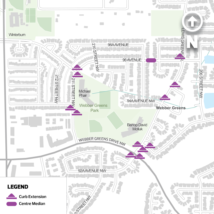 The map highlights the locations of the Street Lab interventions installed throughout the Webber Greens neighbourhood to support safer and more comfortable travel